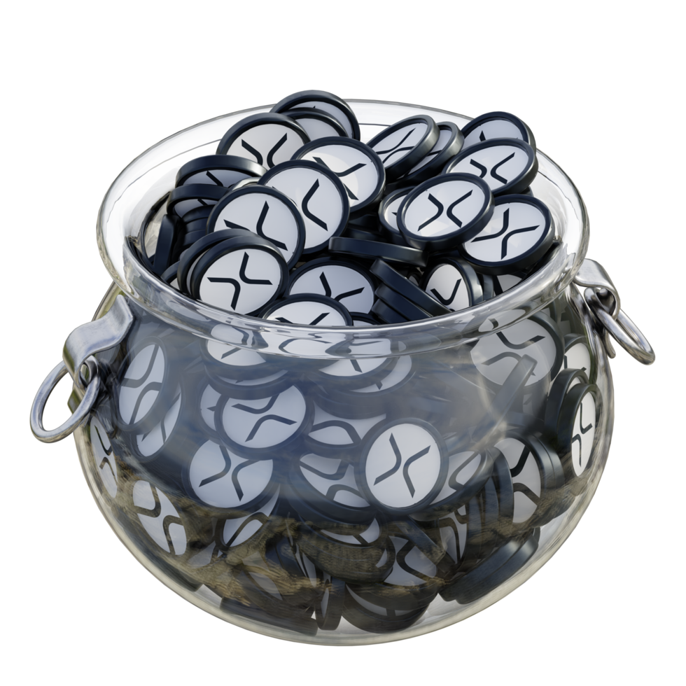 XRP in 3D crypto coin saving bank with stack coins on isolated background. save money financial earning management cost reduction deposit economy glass pot 3d render. illustration png