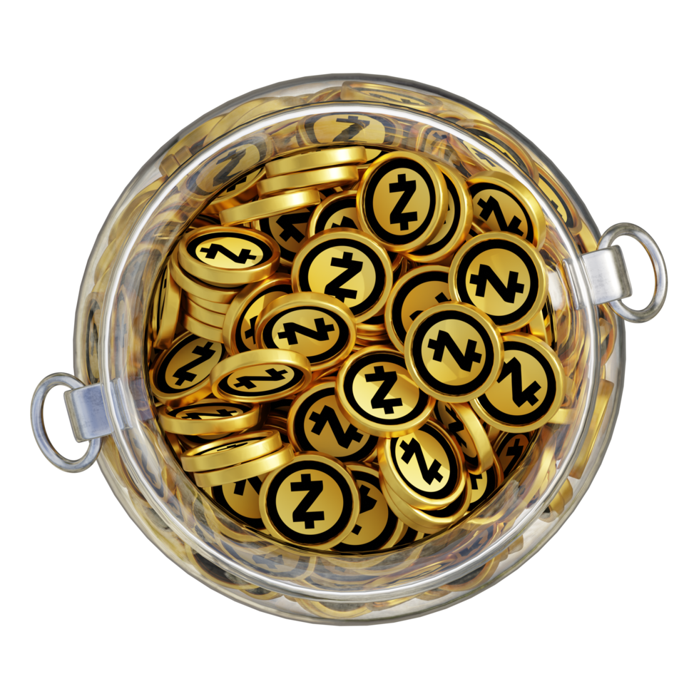 Zcash ZEC in 3D crypto coin saving bank with stack coins on isolated background. save money financial earning management cost reduction deposit economy glass pot 3d render. illustration png