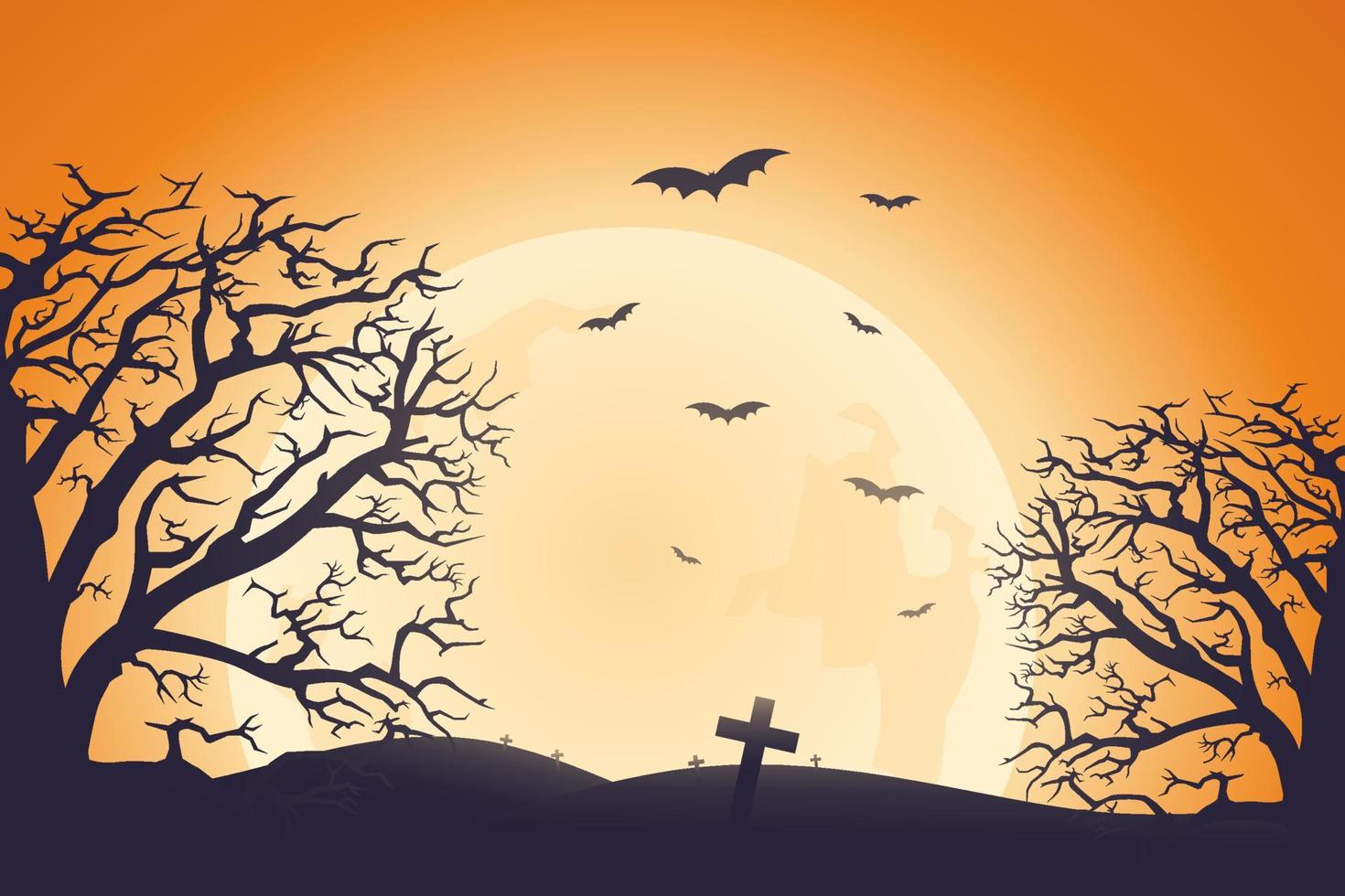Víspera de Todos los Santos fondo, escalofriante árbol, murciélago y cementerio con luz de la luna en naranja antecedentes vector