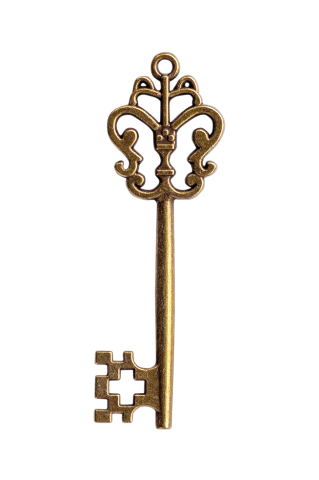 Close up old vintage key isolated on transparent background. Png realistic design element.