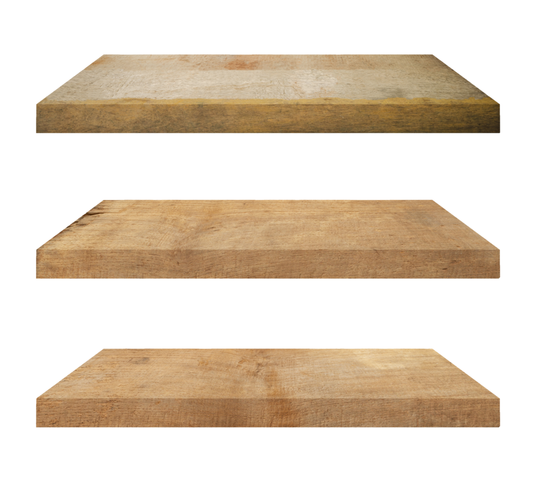3 gammal trä hyllor tabell isolerat på transparent bakgrund. png realistisk design element.