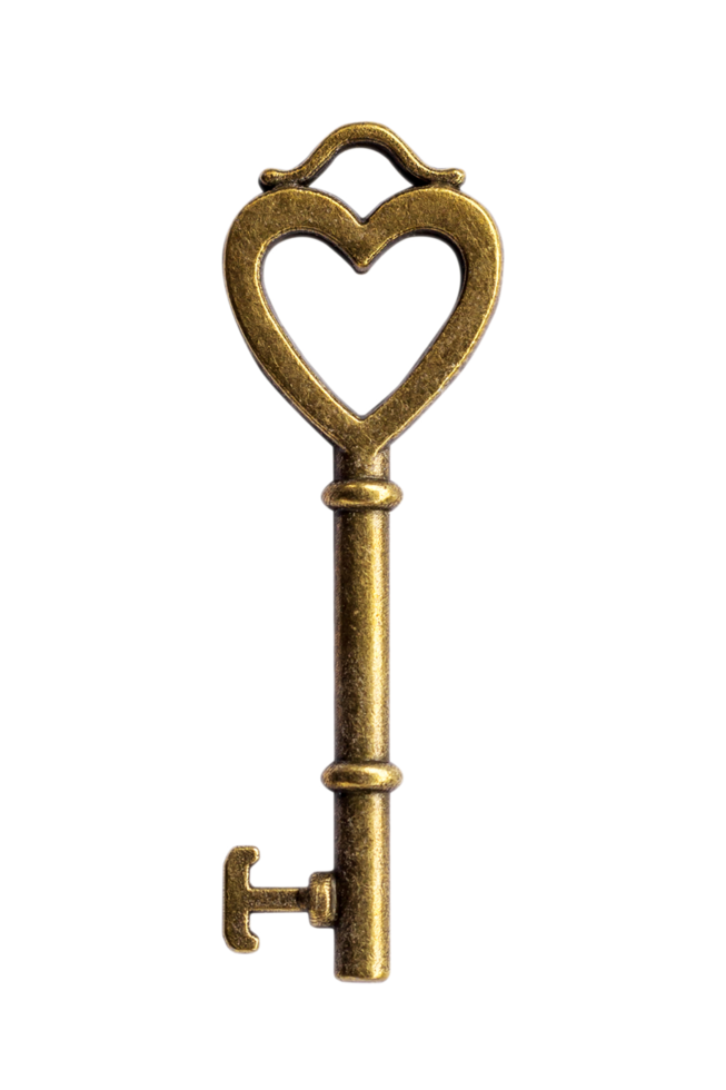 Close up old vintage key isolated on transparent background. Png realistic design element.