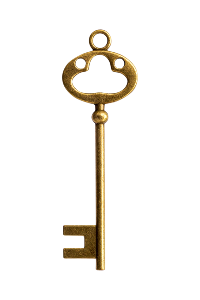 Close up old vintage key isolated on transparent background. Png realistic design element.