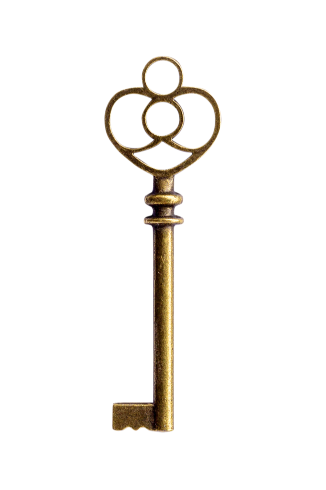 Close up old vintage key isolated on transparent background. Png realistic design element.