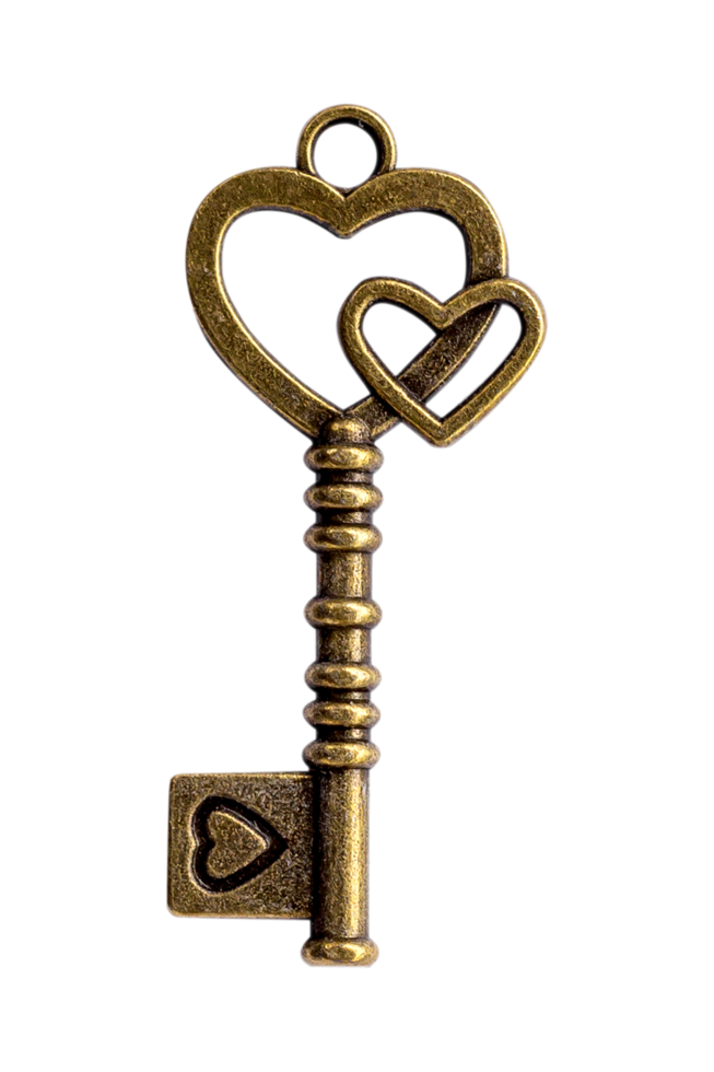 Close up old vintage key isolated on transparent background. Png realistic design element.