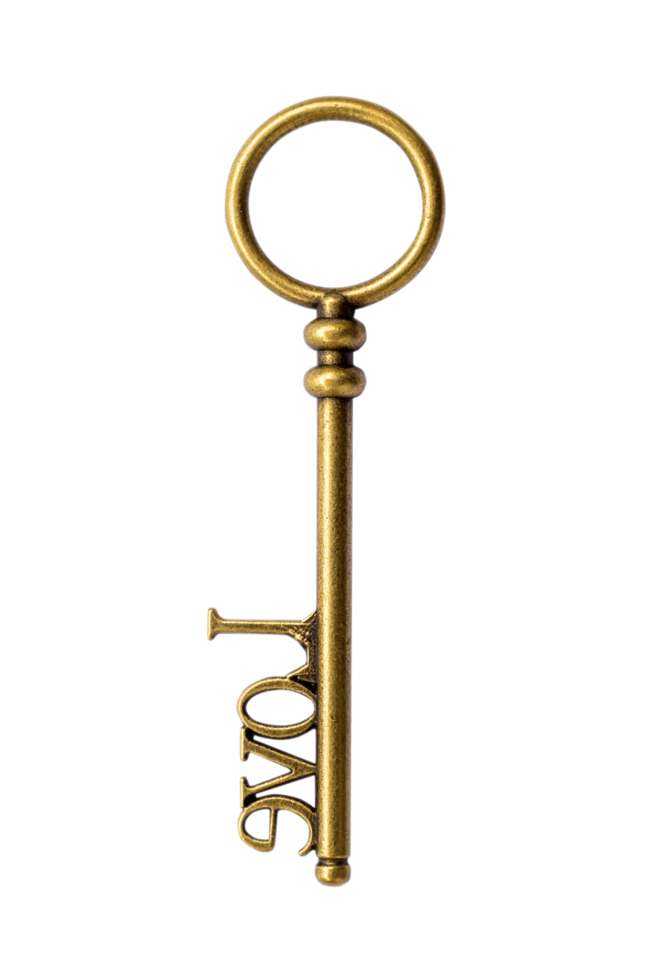 Close up old vintage key isolated on transparent background. Png realistic design element.