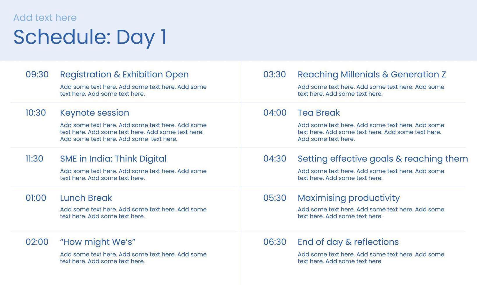 Schedule of the day. Infographics template, presentation agenda, schedule overview. Vector template design. Editable template of presentation slide representing company agenda, meeting agenda.