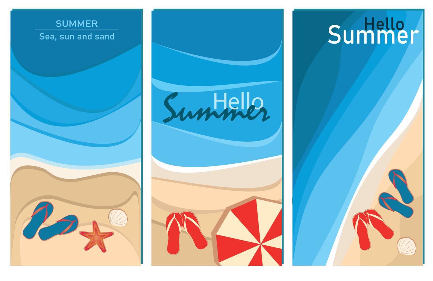 Set of vertical banners. Background for social networks, flyers, booklets, invitations, travel packages. Banners for print and online advertising. For instagram stories with beach, sand and sea vector