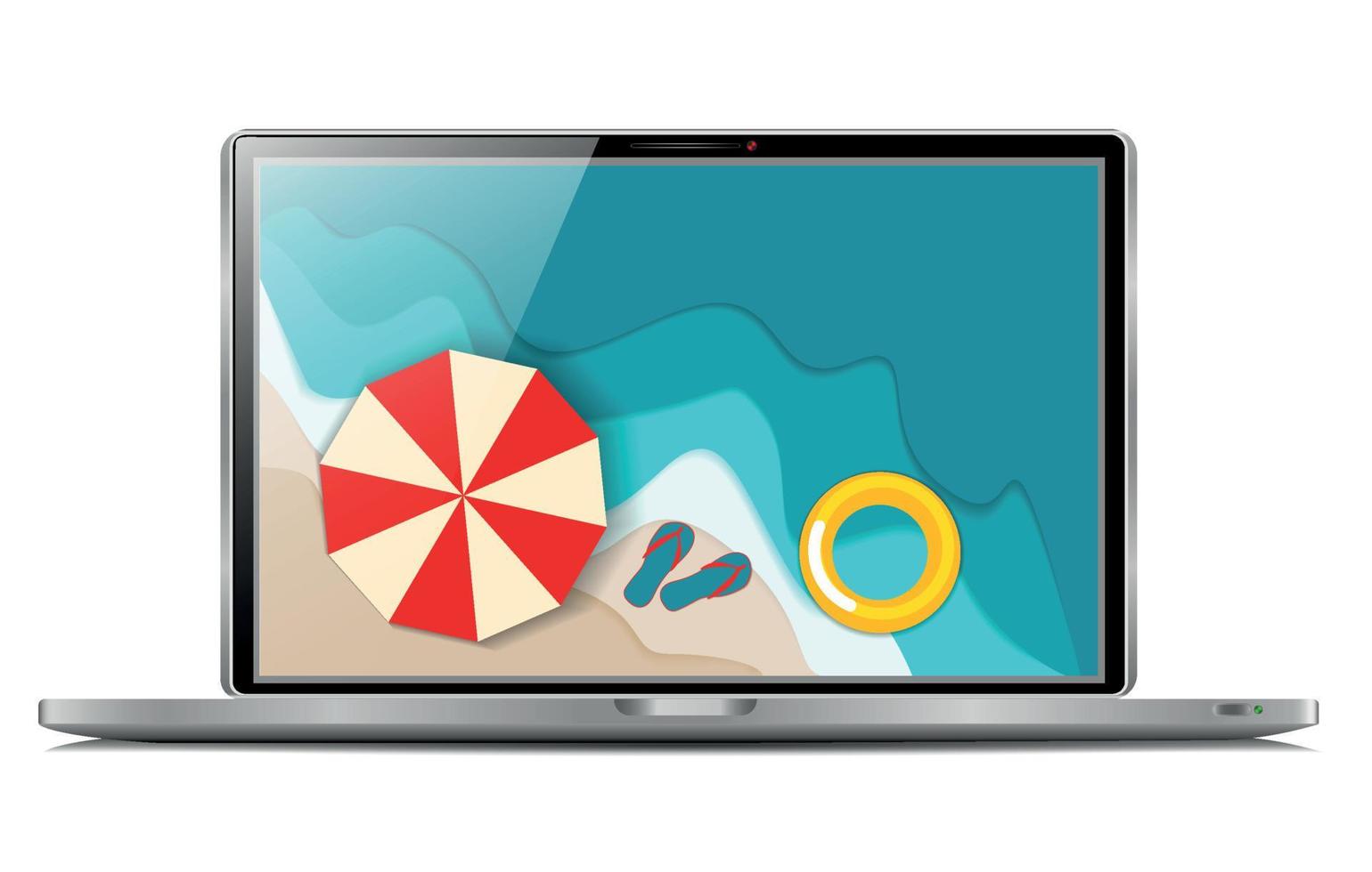 Laptop with picture of sea coast, beach with umbrella. The concept of online booking, ordering online summer beach tours in the holiday season, sites advertising, summer weekends, e-commerce, sale vector