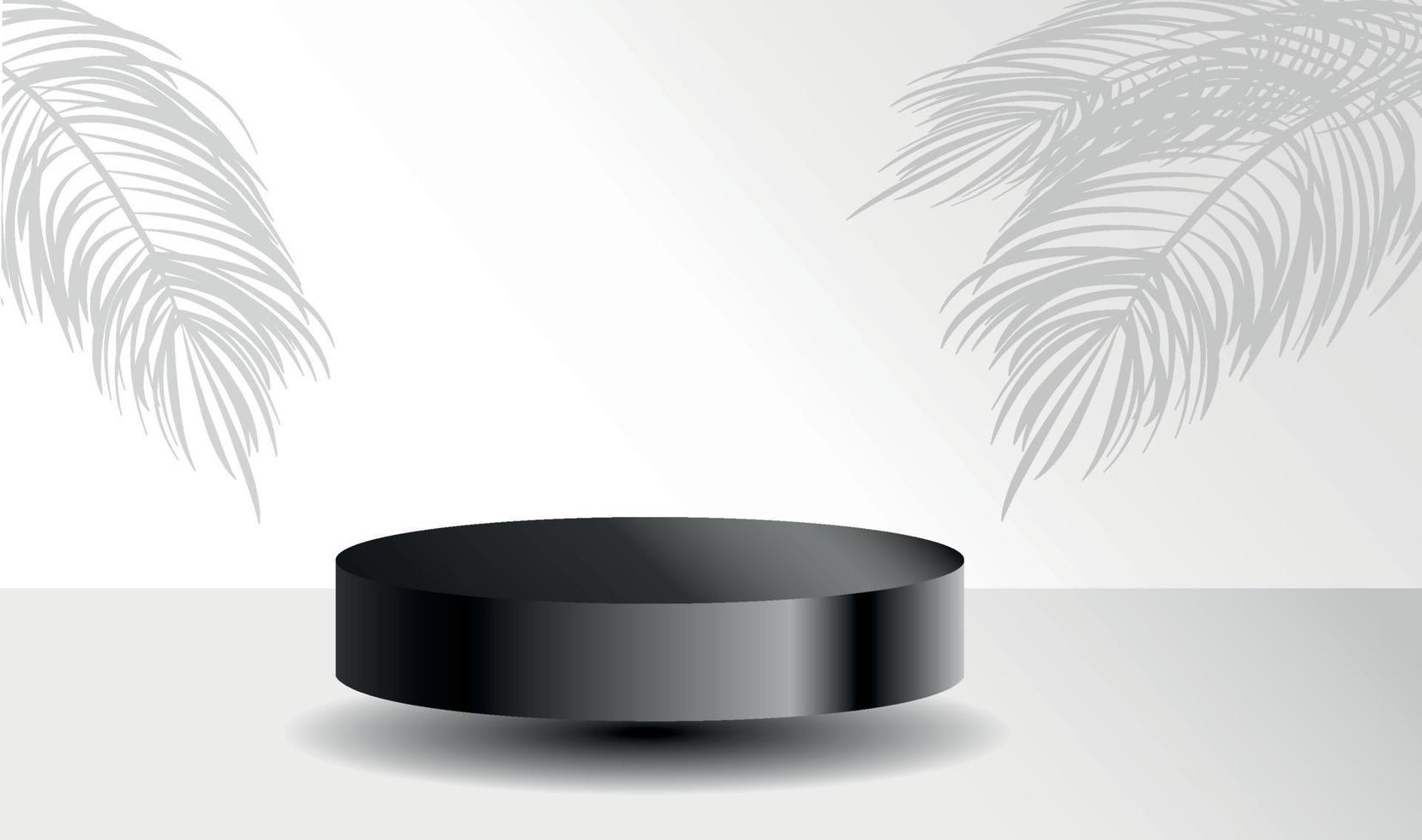 Studio with a shadow of palm leaves on the wall, a room with a minimum number of stands. Vector 3D scene composition for product presentation. Podium for goods in black color. Cyclorama