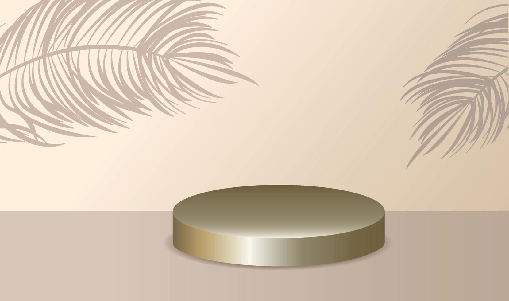 Studio with a shadow of palm leaves on the wall, a room with a minimum number of stands. Vector 3D scene composition for product presentation. Podium for goods in gold colors. Cyclorama