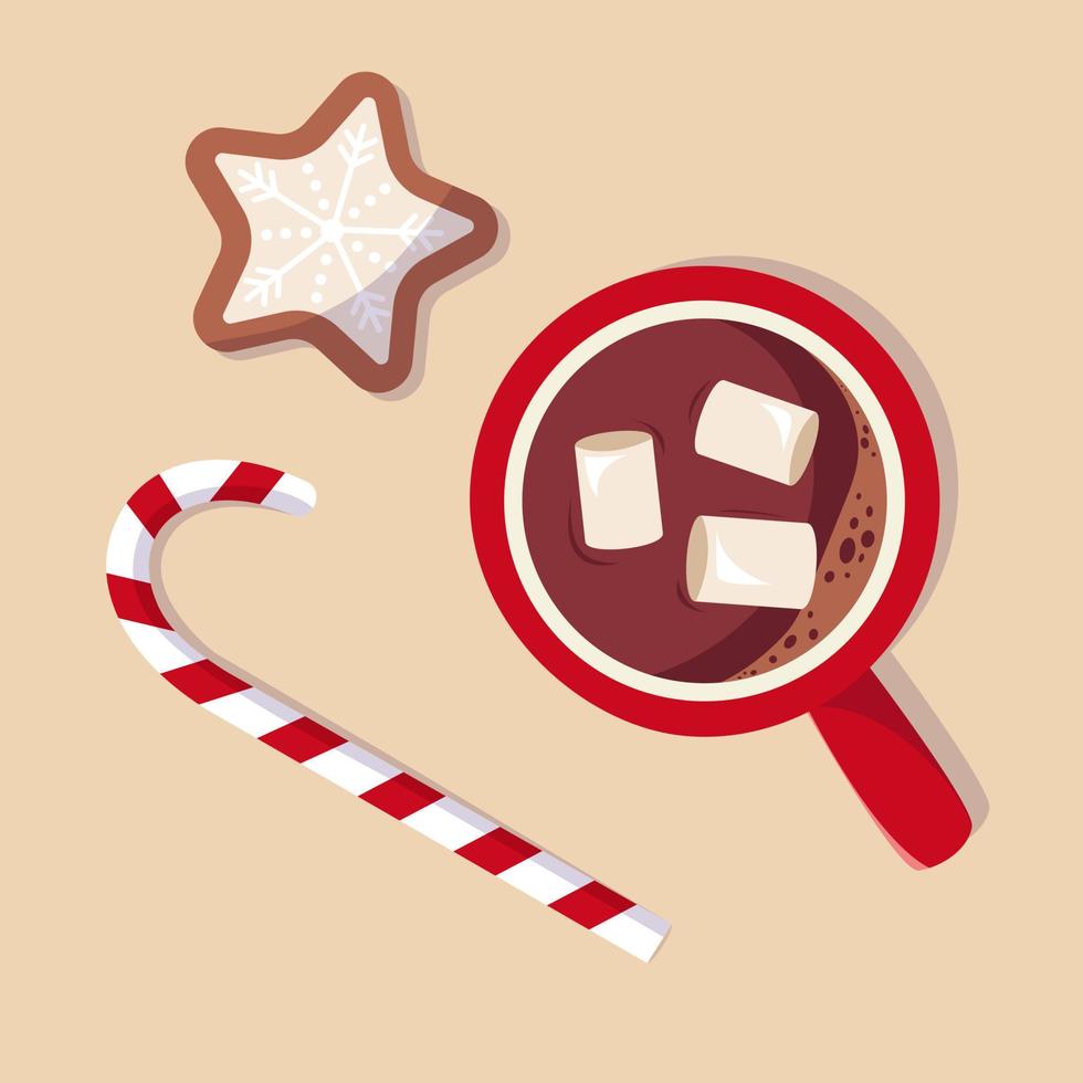 Christmas hot drink. Christmas theme, red cup, stack of cookies and candy cane, illustration. Banner vector