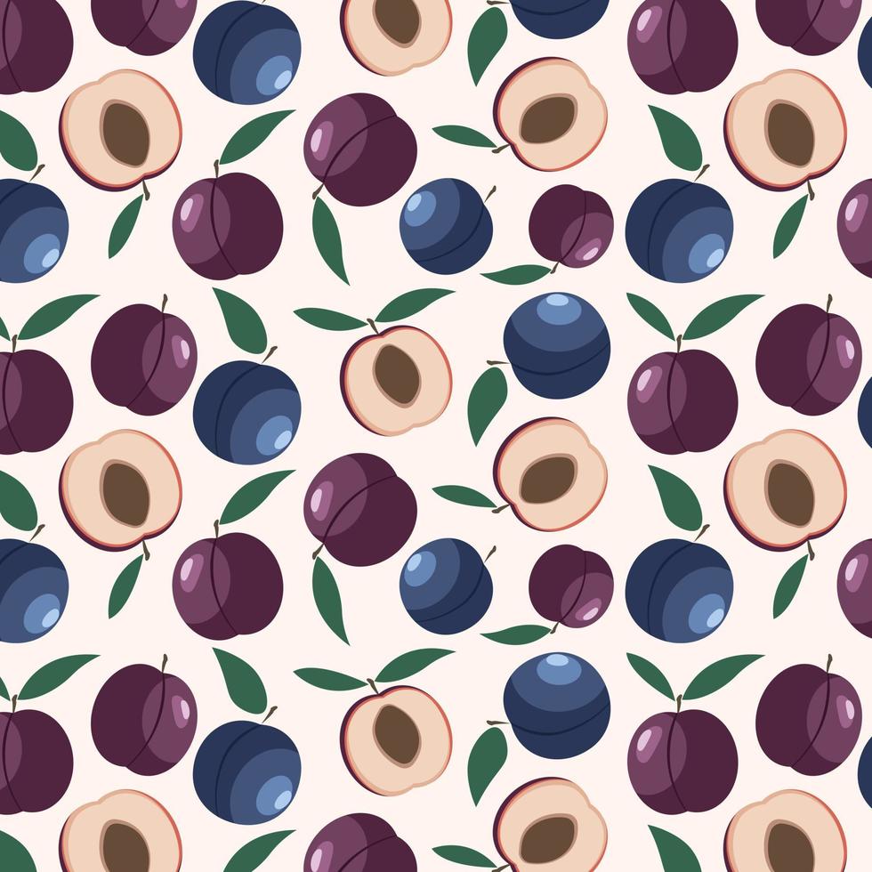 Seamless pattern with plums and green leaves Trendy vector seamless colorful pattern with plums