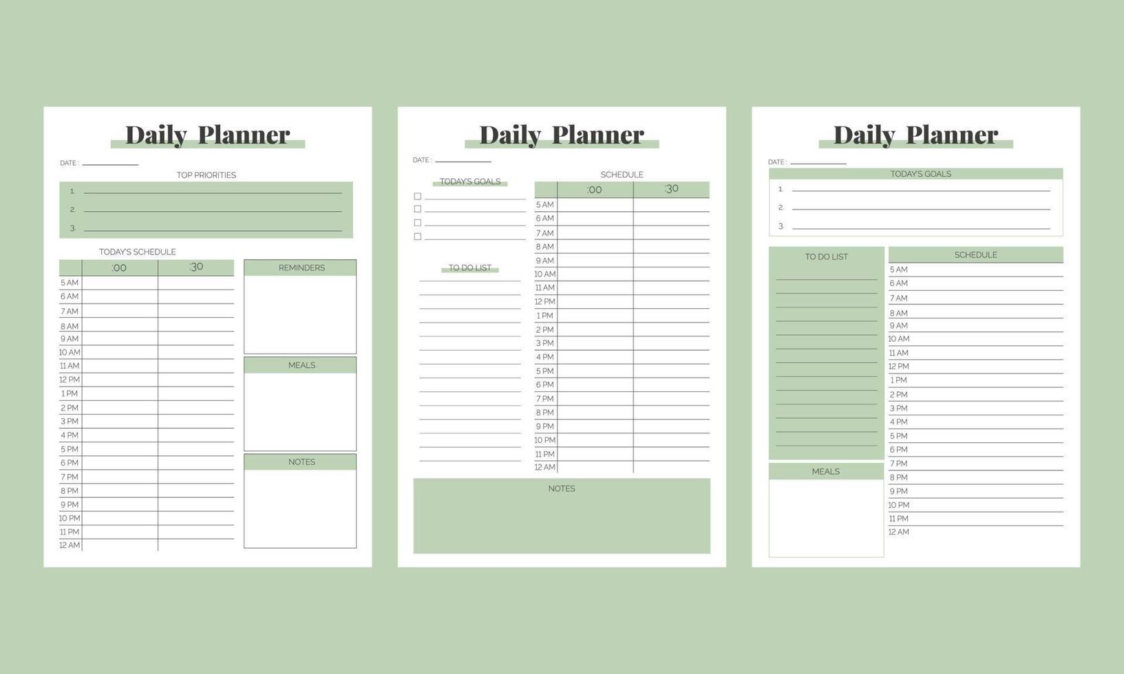 Minimalist Daily planner set. Printable template A4. Vector Illustration