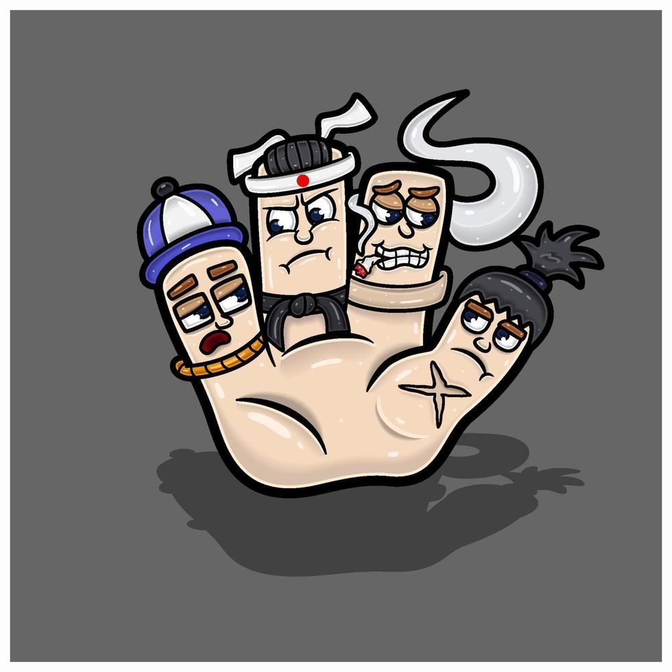 Cartoon Character Four Cute Faces In Hand. Rappers. Taekwondo, Smoker And Samurai. With Simple Gradients. vector
