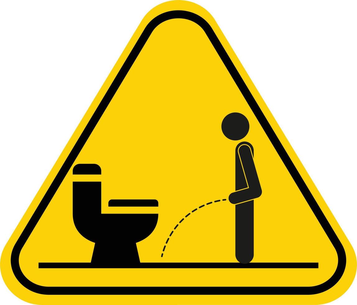 Peeing on the floor sign. Vector illustration of yellow triangle warning sign with man pissing on the floor. Urinating symbol isolated on background. Keep toilet clean. Caution symbol. Pee sticker