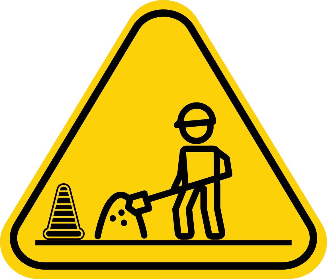 Under construction warning road sign. Vector illustration of yellow triangle sign with working man icon inside. Road work traffic sign. Dangerous area for driver. Caution symbol.