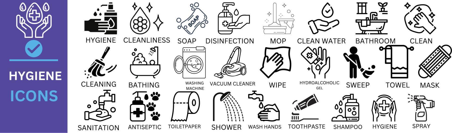 Hygiene icon set. Containing cleaning, disinfection, soap, bathing, sweep, shower, washing hands, clean and sanitation icons. Cleanliness concept. Solid icon collection. vector