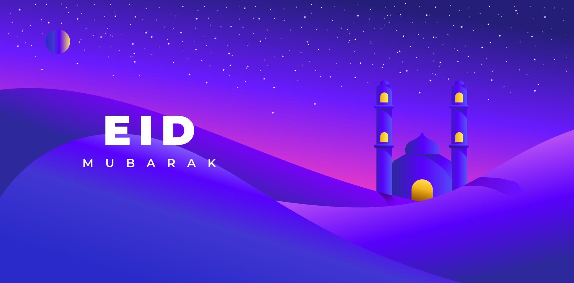 Eid Mubarak greeting card template night illustration mosque on desert islamic background vector