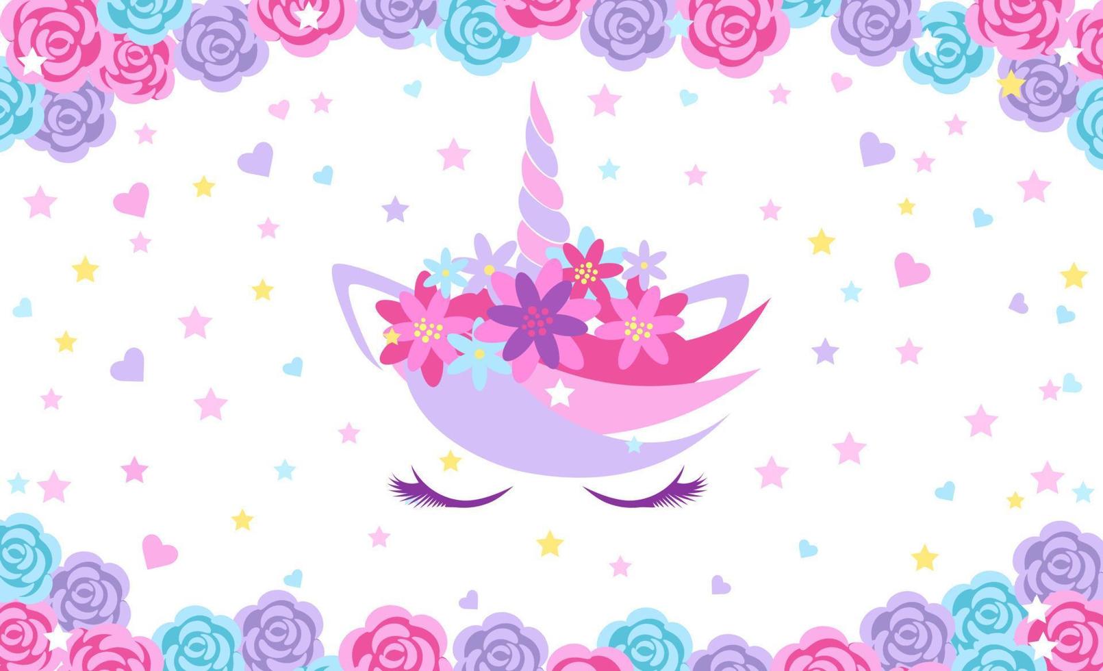 Background with the head of a magical unicorn with closed eyes, rainbow, hearts and stars. Template for design and decoration. vector