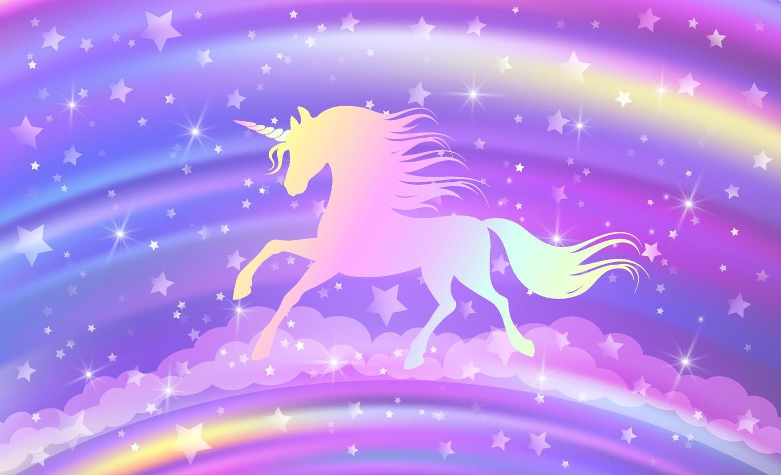 fantasía arco iris púrpura cielo en espumoso estrellas y unicornio. vector