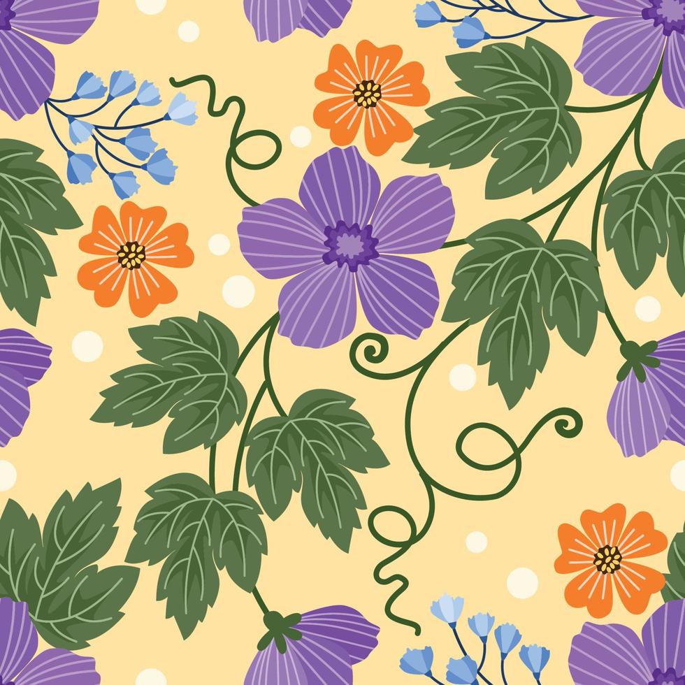 Purple and orange flowers with green leaf on yellow background. vector