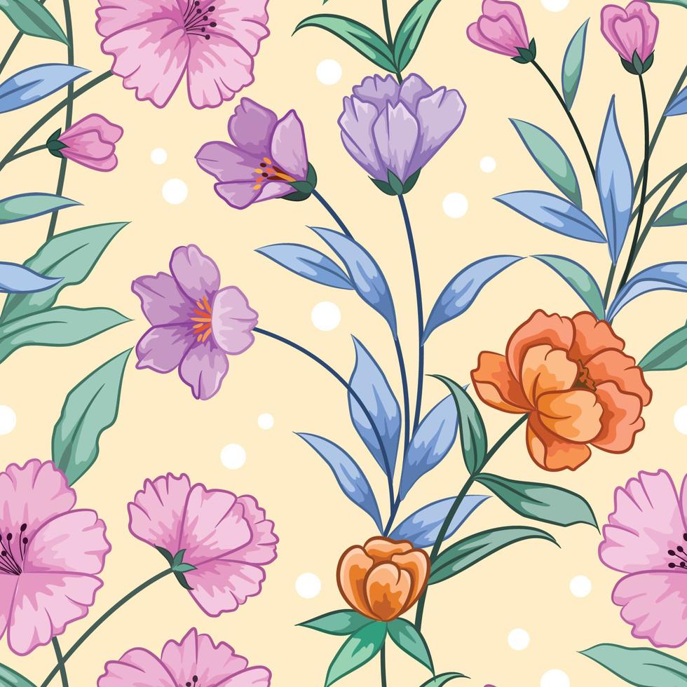 Blooming pink and orange flowers with green leaf on yellow background. vector