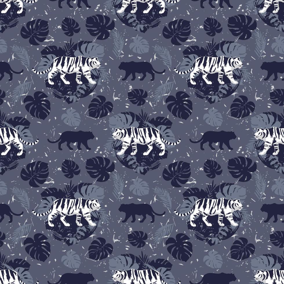 Tigers on a background of tropical leaves. Seamless pattern. vector