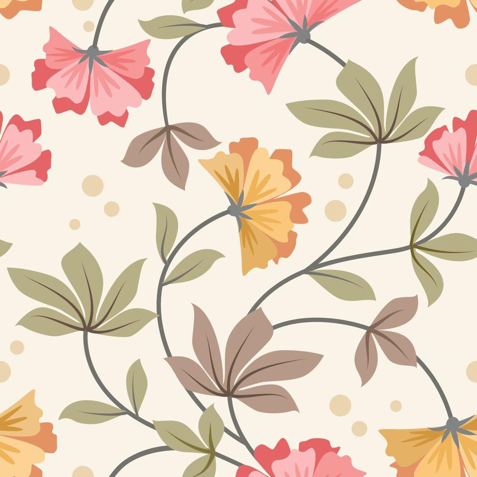 Cute blooming flowers and leaf in vintage color seamless pattern. vector