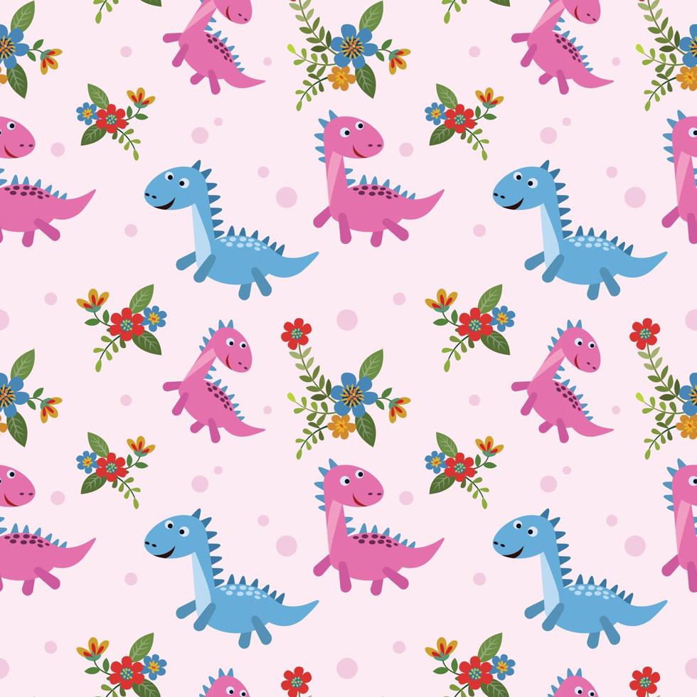 linda rosado y azul dinosaurio con flores sin costura modelo. vector