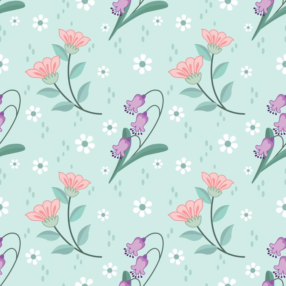 Cute blooming flowers design on green color seamless pattern. vector