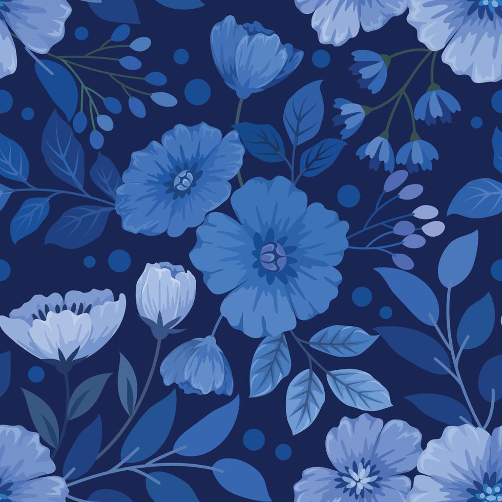 Blue monochrome flower design seamless pattern. vector