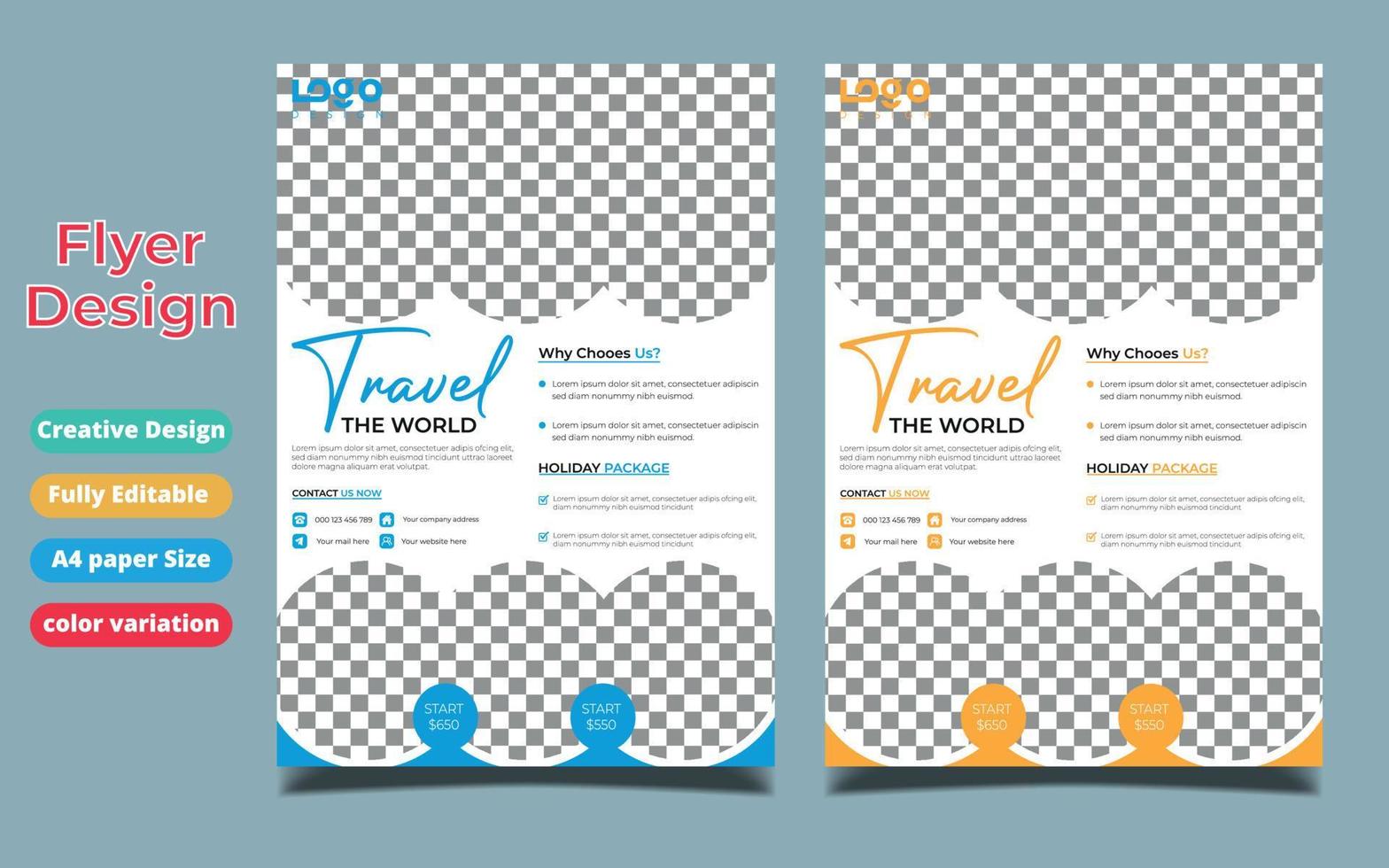 Travel business promotion web banner template design for social media. Travelling, tourism or summer holiday tour online marketing flyer, post or poster with abstract graphic background and logo. vector