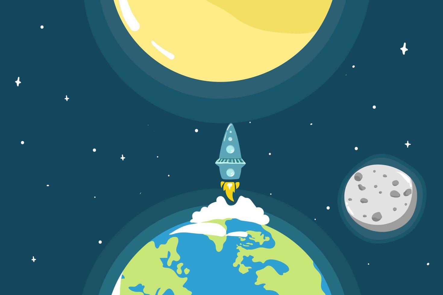 cartoon space backgrounds. Templates for flyers, banners, cards, covers, frames, posters. Vector children's illustration. The rocket takes off into the sky. Planets and the universe. Game style,