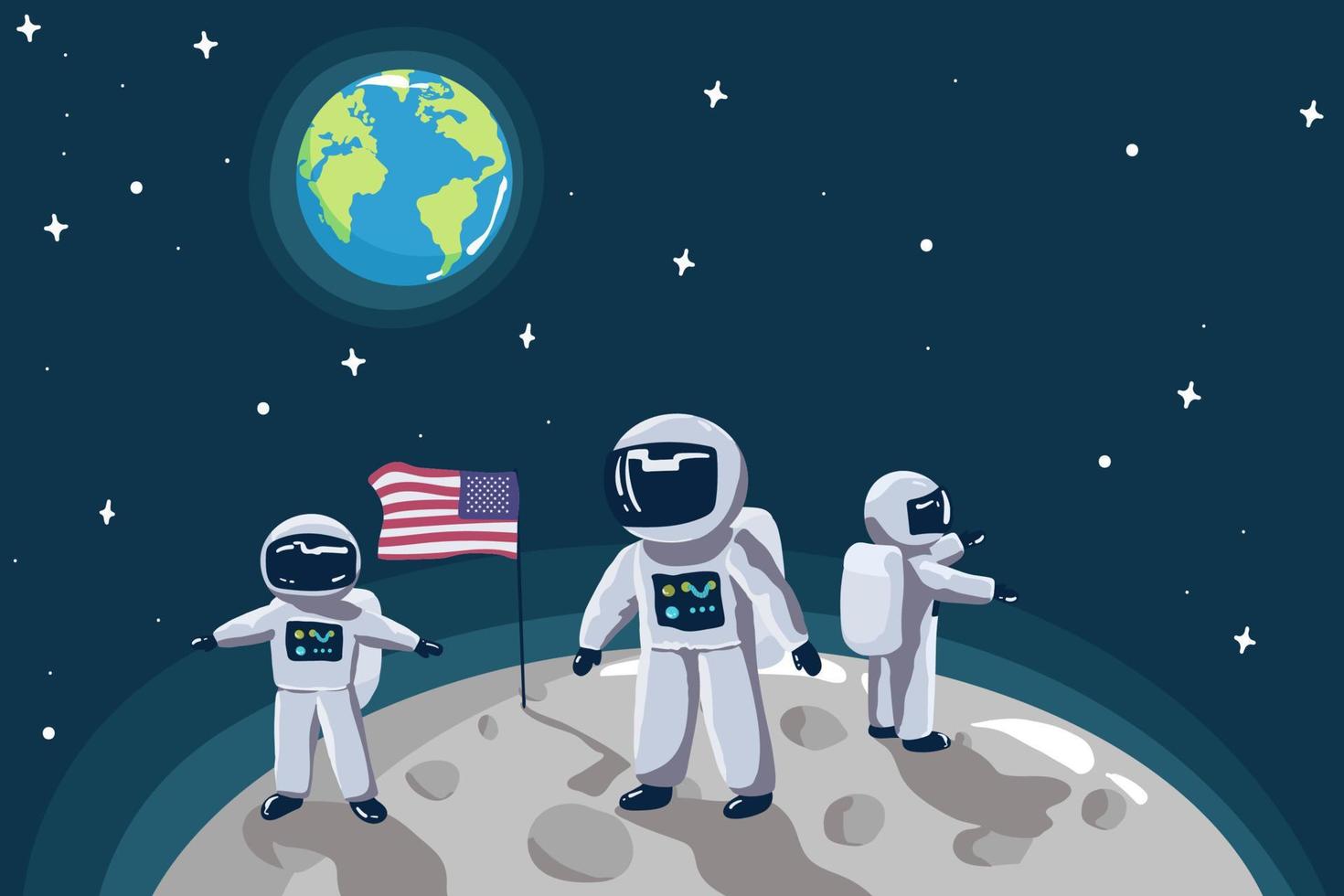 linda pequeño astronauta estar en el Luna con Estados Unidos bandera. espacio misión.infantil vector ilustración