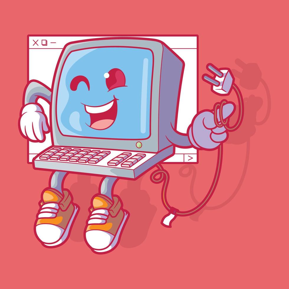 Desktop computer character seated on a computer windows vector illustration. Tech, logo, mascot design concept.