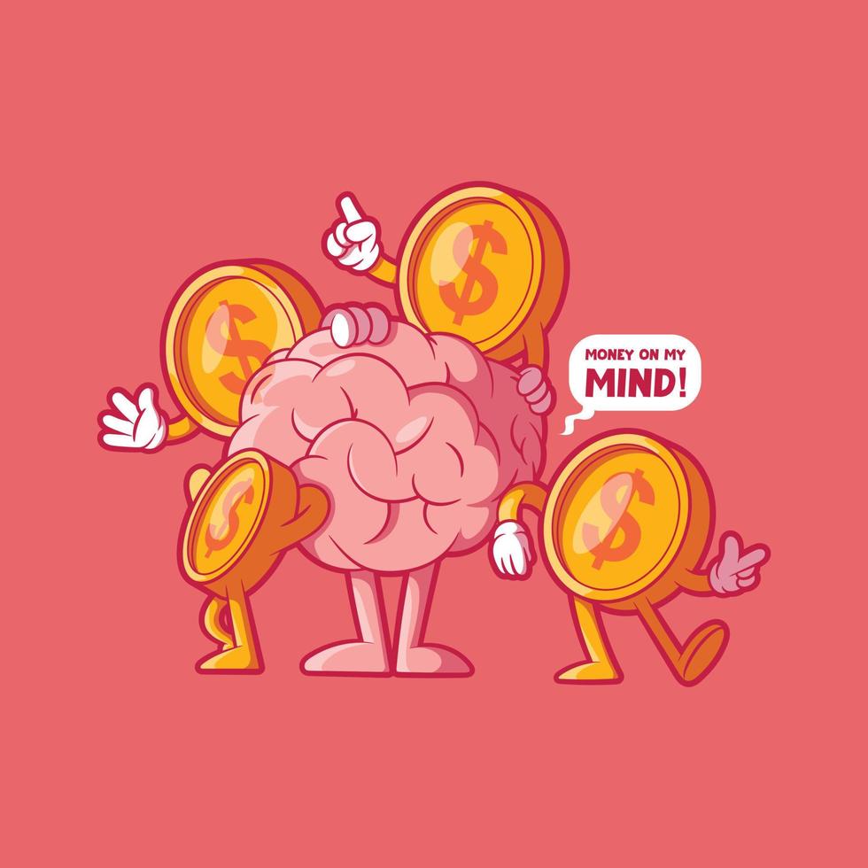 Brain character surrounded by coins vector illustration. Finance, money, learning design concepts.