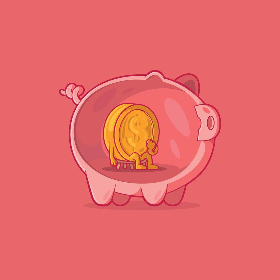 Lonely coin character inside a piggy bank vector illustration. Finance, funny, inflation design concept.