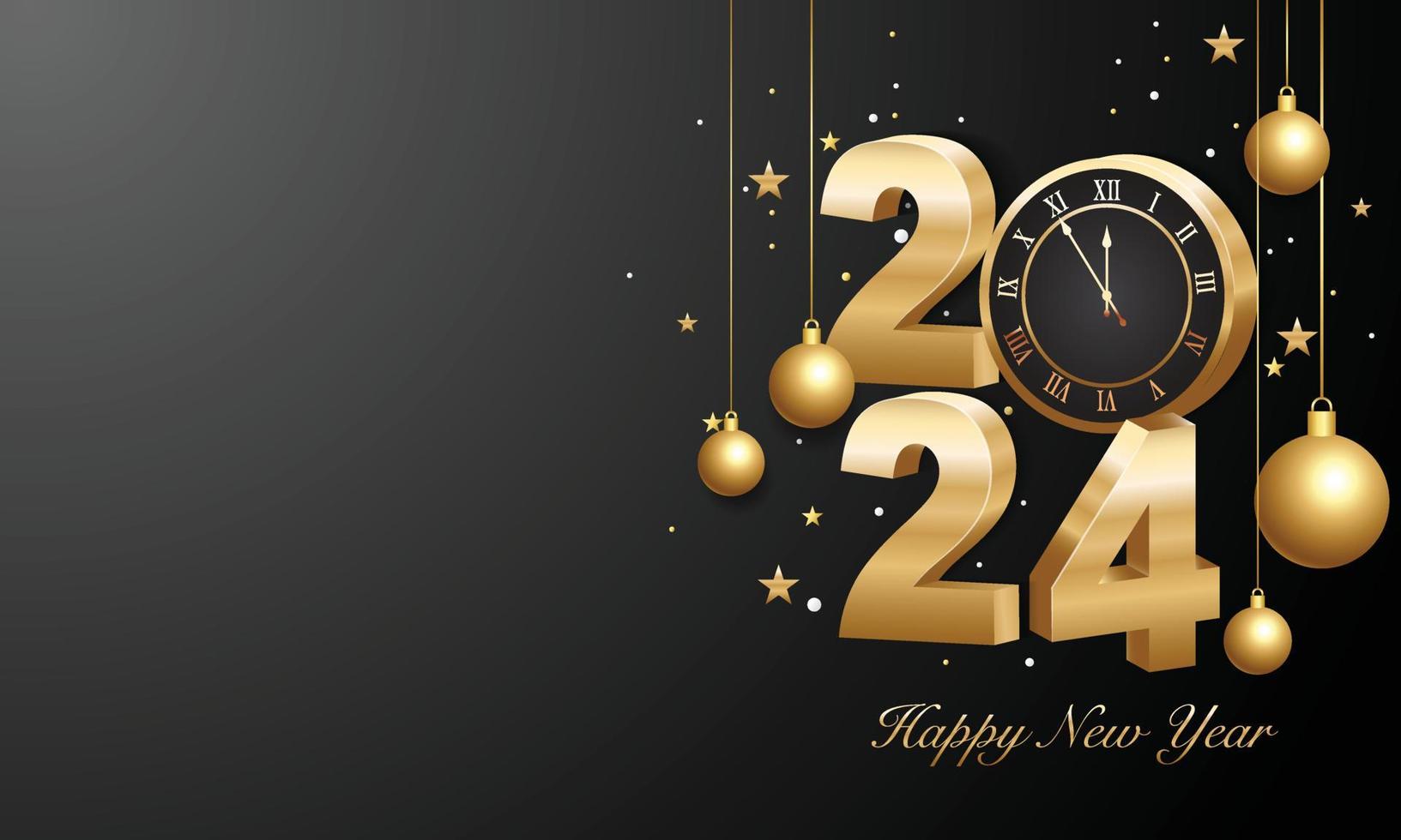 Happy new year 2024. 3d gold numbers with golden Christmas decoration and confetti on dark  background. Holiday greeting card design. vector