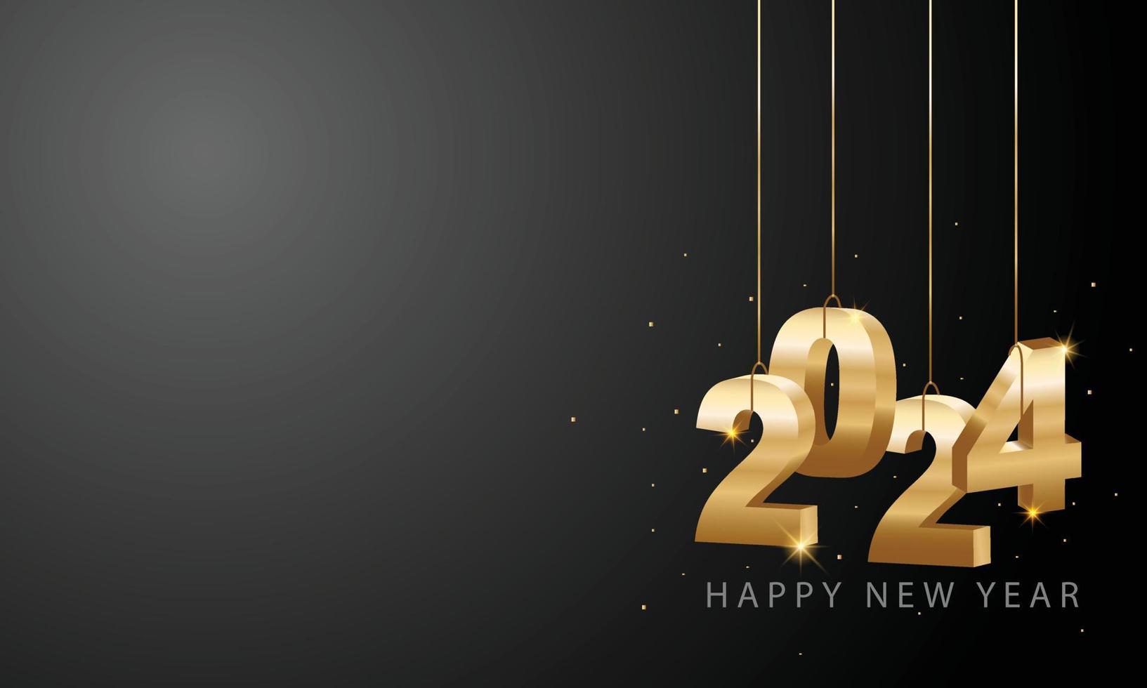 Happy New Year 2024. Hanging golden 3D numbers with ribbons and confetti. Holiday greeting card design. Vector illustration.