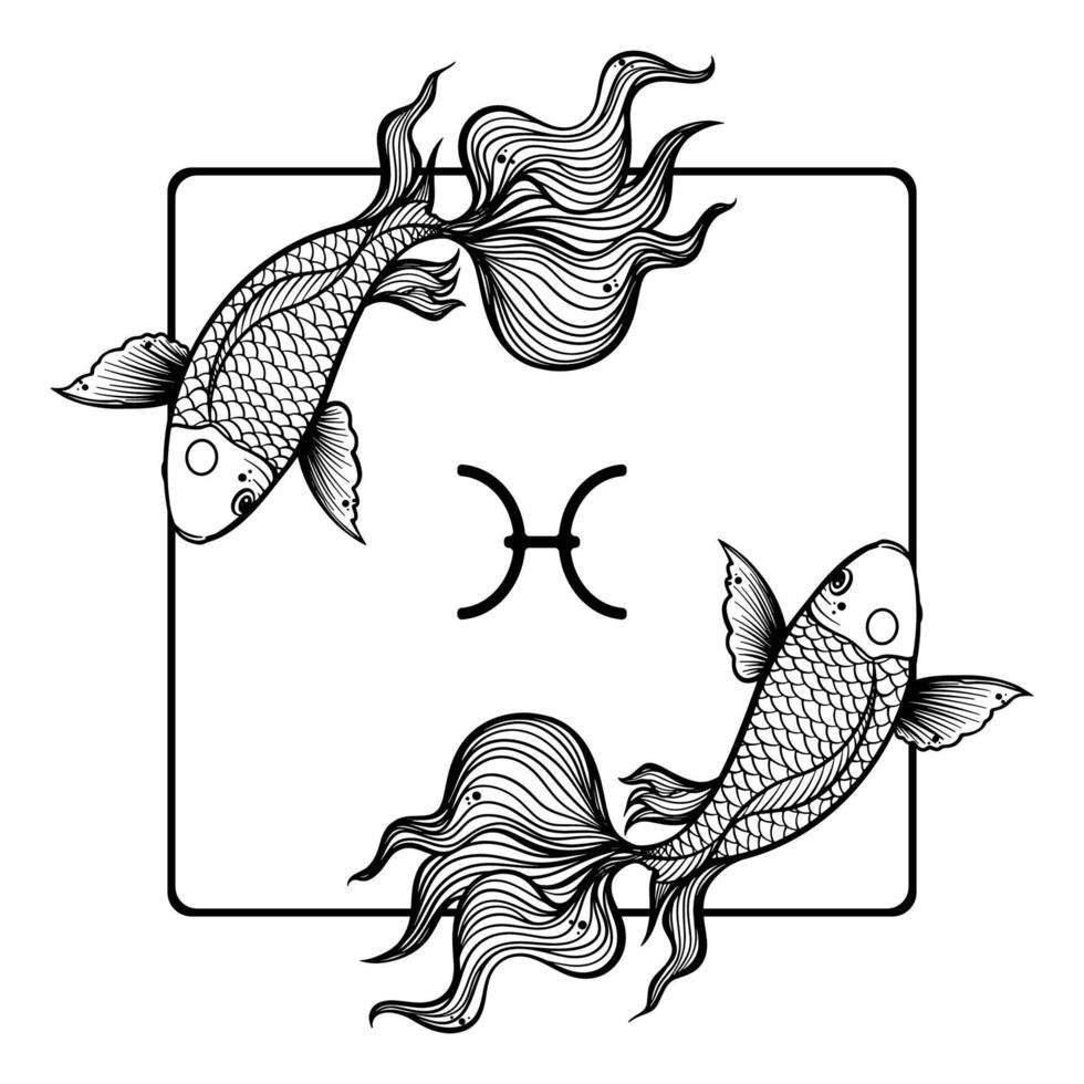 Black zodiac pisces horoscope sign line art silhouette design vector illustration. Creative decorative elegant linear astrology zodiac pisces emblem template for logo or poster decoration.