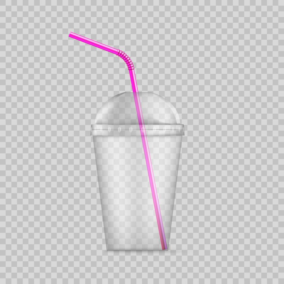 Transparent plastic disposable cup with straw. Disposable container for drink. Vector