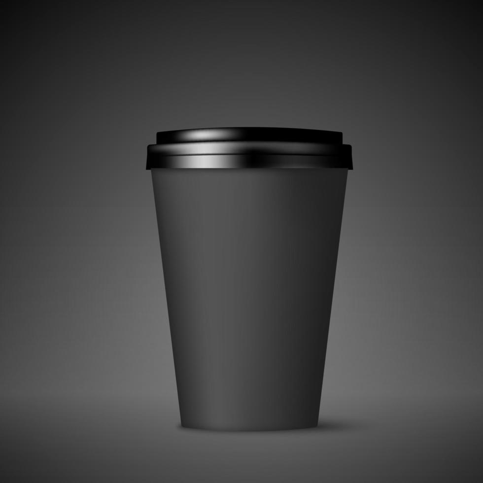 Black paper coffee cup with lid. Coffee to go empty mock up. Vector illustration isolated on black background