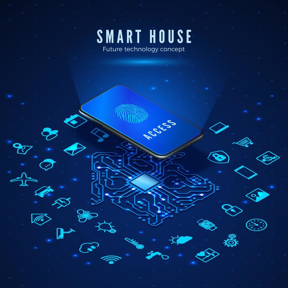 Smart House Concept. Smartphone with Fingerprint on Screen and Icons Set. Smart Home Monitoring and Control Systems. Vector Illustration