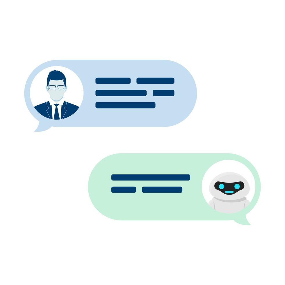 Chatbot robot concept. Dialog help service. User ask question and bot give answer. Vector illustration isolated on white background