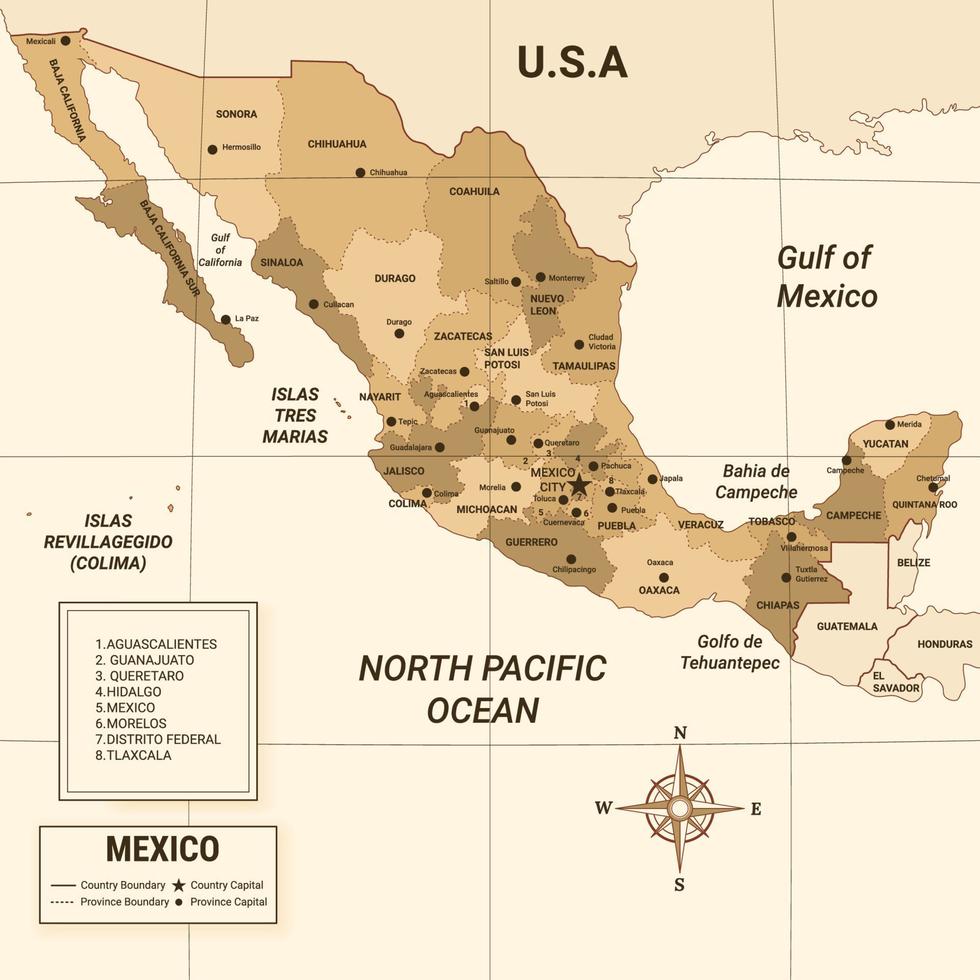 mexico país mapa con rodeando frontera vector