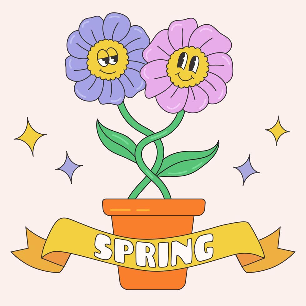 primavera tarjeta en retro dibujos animados estilo. resumen ilustración de flores en un maceta. amor caracteres de flores en uno maceta. vector