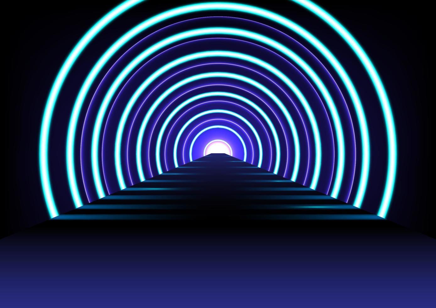 Abstract futuristic technology background with light effect. Tunnel optical illusion, spaceship corridor, science or teleport illuminating with fluorescent neon light. Vector illustration