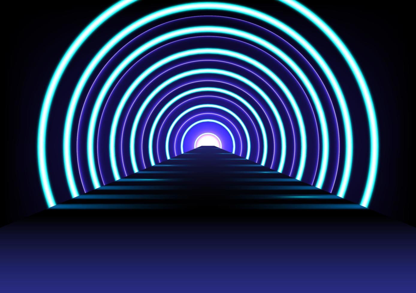 Abstract futuristic technology background with light effect. Tunnel optical illusion, spaceship corridor, science or teleport illuminating with fluorescent neon light. Vector illustration