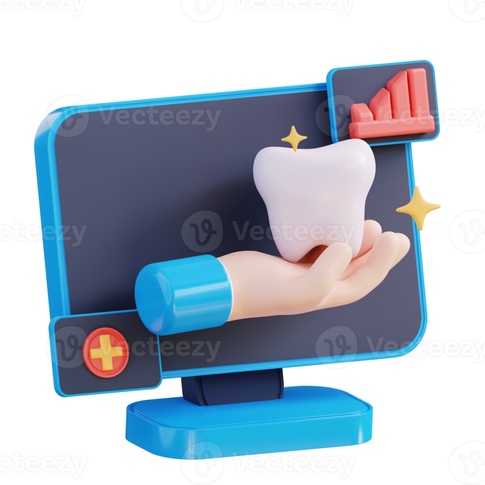 3d illustration monitor showing hand holding teeth png